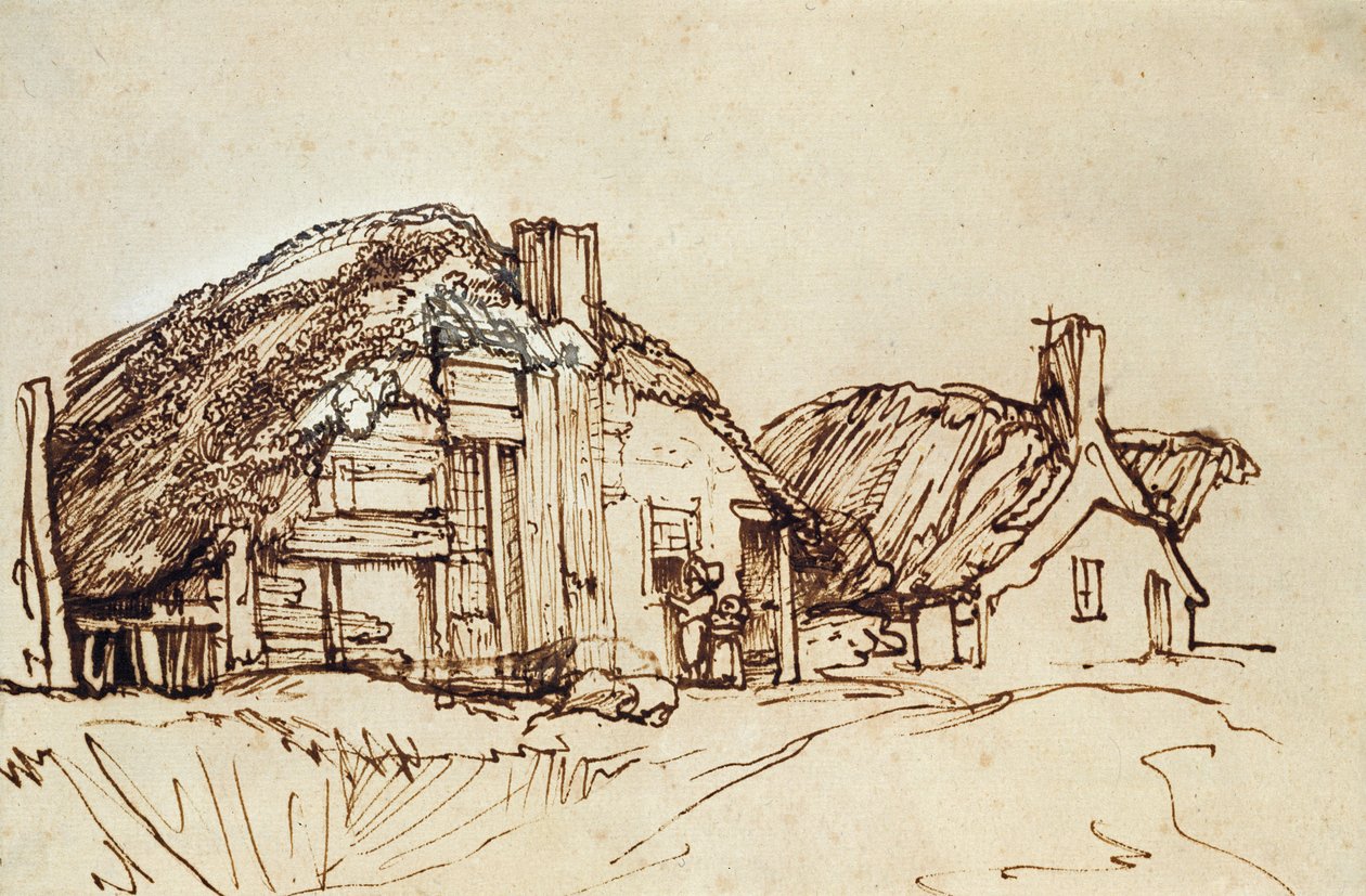 Kaksi olkikattoista mökkiä hahmoilla ikkunassa tekijältä Rembrandt van Rijn