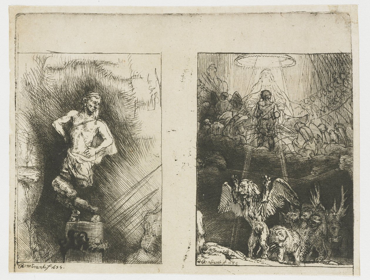 Kaksi kuvitusta Menasseh Ben Israelin Piedra Gloriosasta Nebukadnessarin näkemä kuva Danielin näky neljästä pedosta tekijältä Rembrandt van Rijn