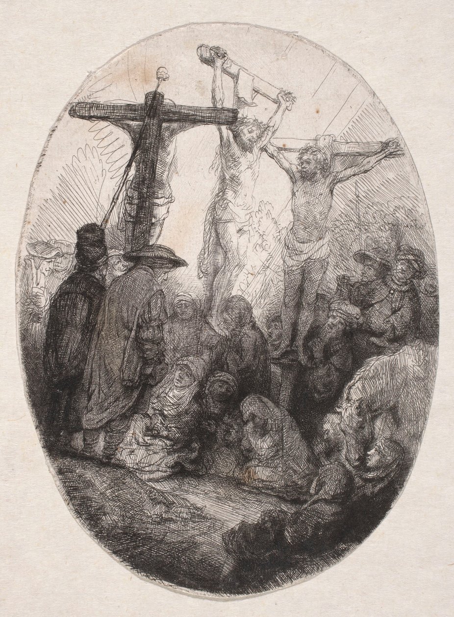 Ristiinnaulitseminen kahden roiston välissä (soikea laatta) tekijältä Rembrandt van Rijn