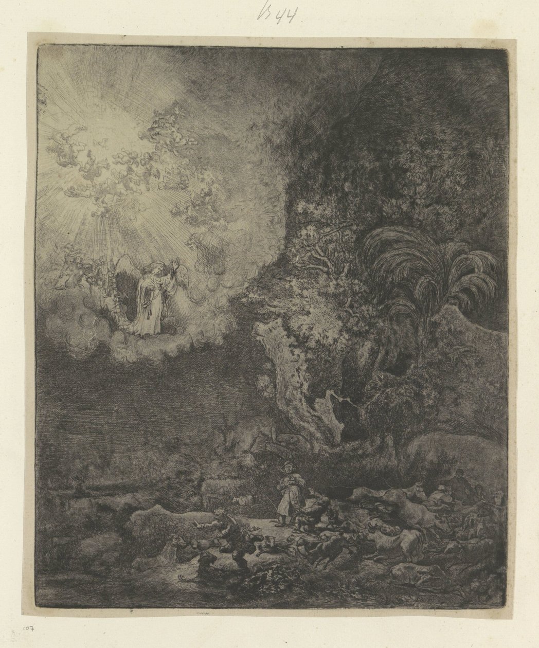 Verkondiging aan de herders Kokoelma kahdeksankymmentäviisi alkuperäistä vedosta (sarjan nimi) tekijältä Rembrandt van Rijn