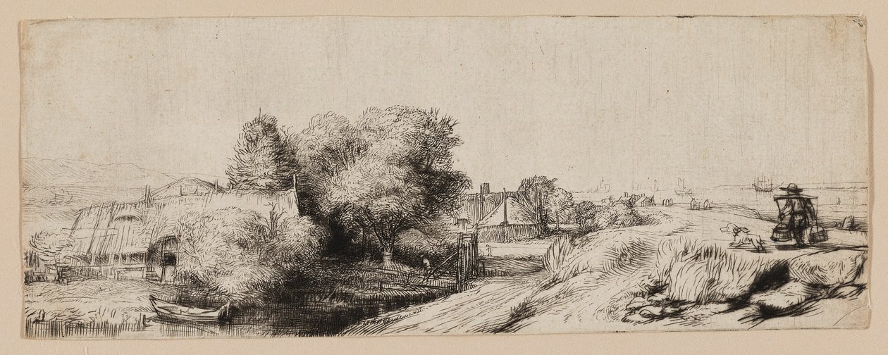 Näkymä Diemerdijkille, jossa on maitomies ja mökkejä tekijältä Rembrandt van Rijn