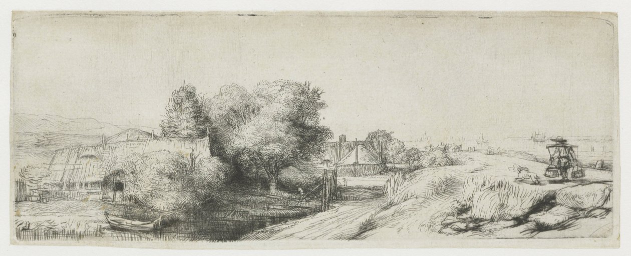 Näkymä Diemerdijkille, jossa näkyy maitomies ja mökkejä tekijältä Rembrandt van Rijn