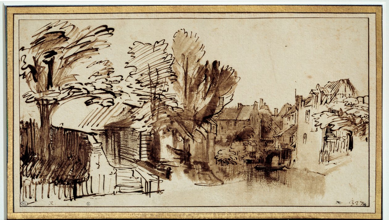 Näkymä Singelin kanavalle Amersfoortissa. Harmensz Rembrandtin (1606-1669) piirustus tekijältä Rembrandt van Rijn
