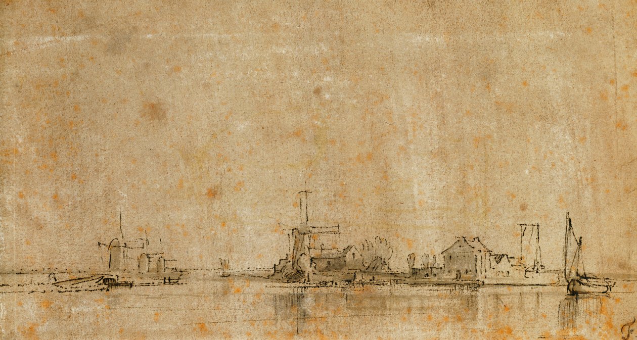 Näkymä Amstelille Omvalissa, vasemmalla Diermermeerin Ringvaart tekijältä Rembrandt van Rijn