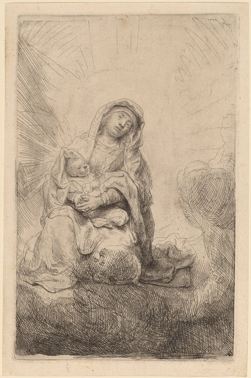 Neitsyt ja lapsi pilvissä tekijältä Rembrandt van Rijn