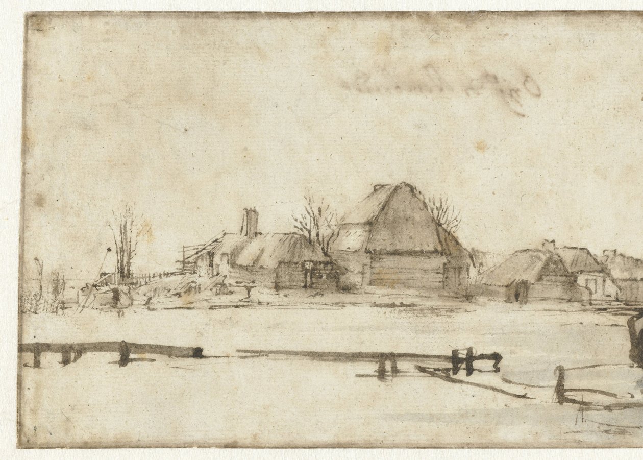 Talvinäkymä vesiväylällä, mökeillä ja kahdella veneellä tekijältä Rembrandt van Rijn