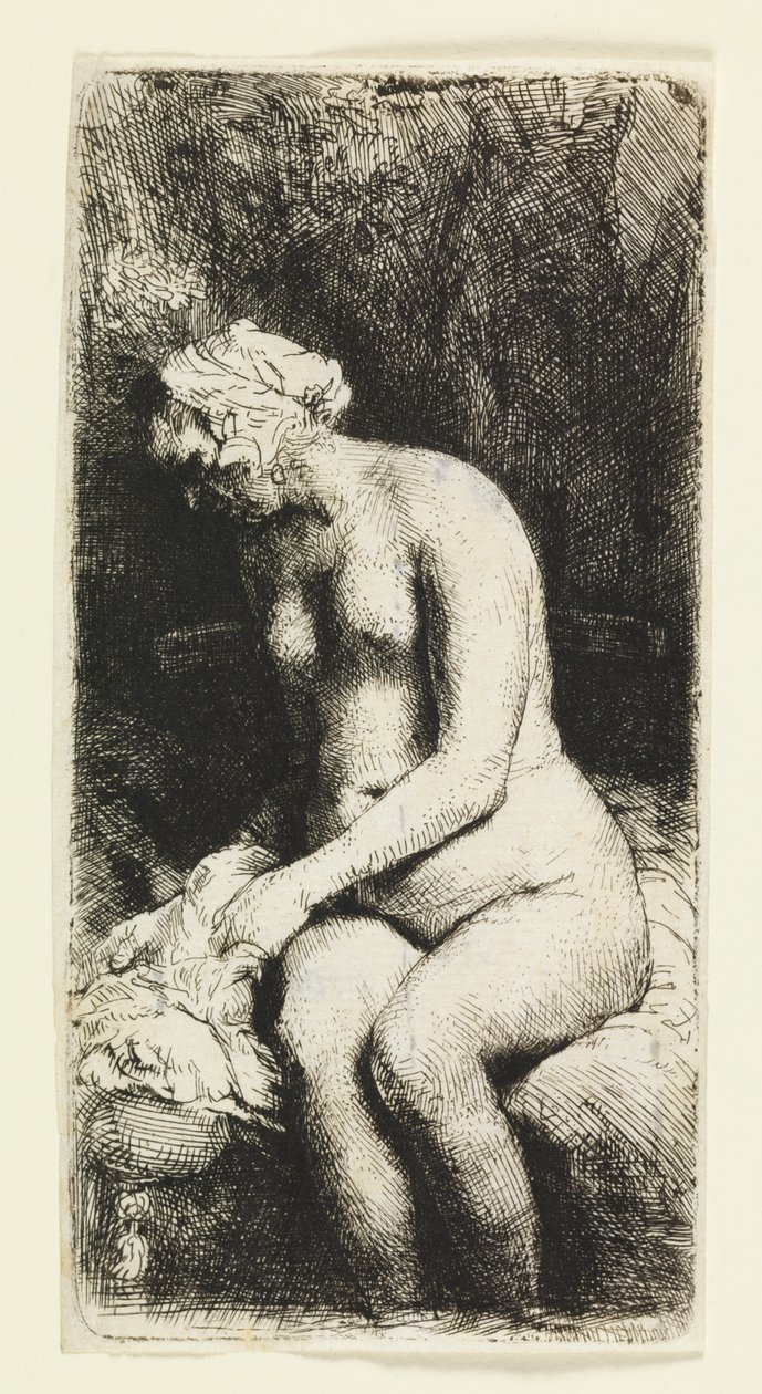 Nainen kylpemässä jalkojaan purossa tekijältä Rembrandt van Rijn