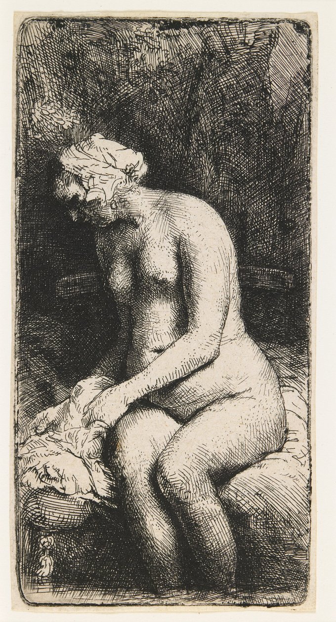 Nainen kylpemässä jalkojaan purossa tekijältä Rembrandt van Rijn