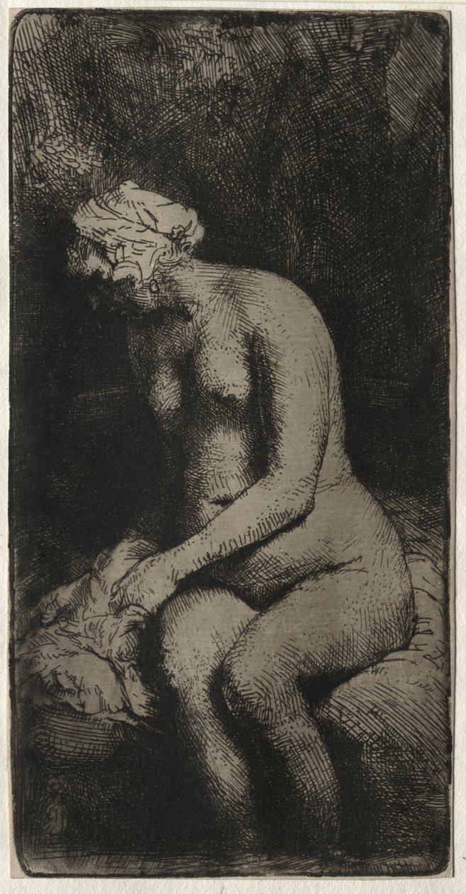Nainen uimassa jalkojaan purossa, 1658. tekijältä Rembrandt van Rijn