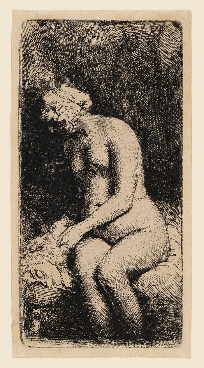 Nainen kylpemässä jalkojaan purossa tekijältä Rembrandt van Rijn