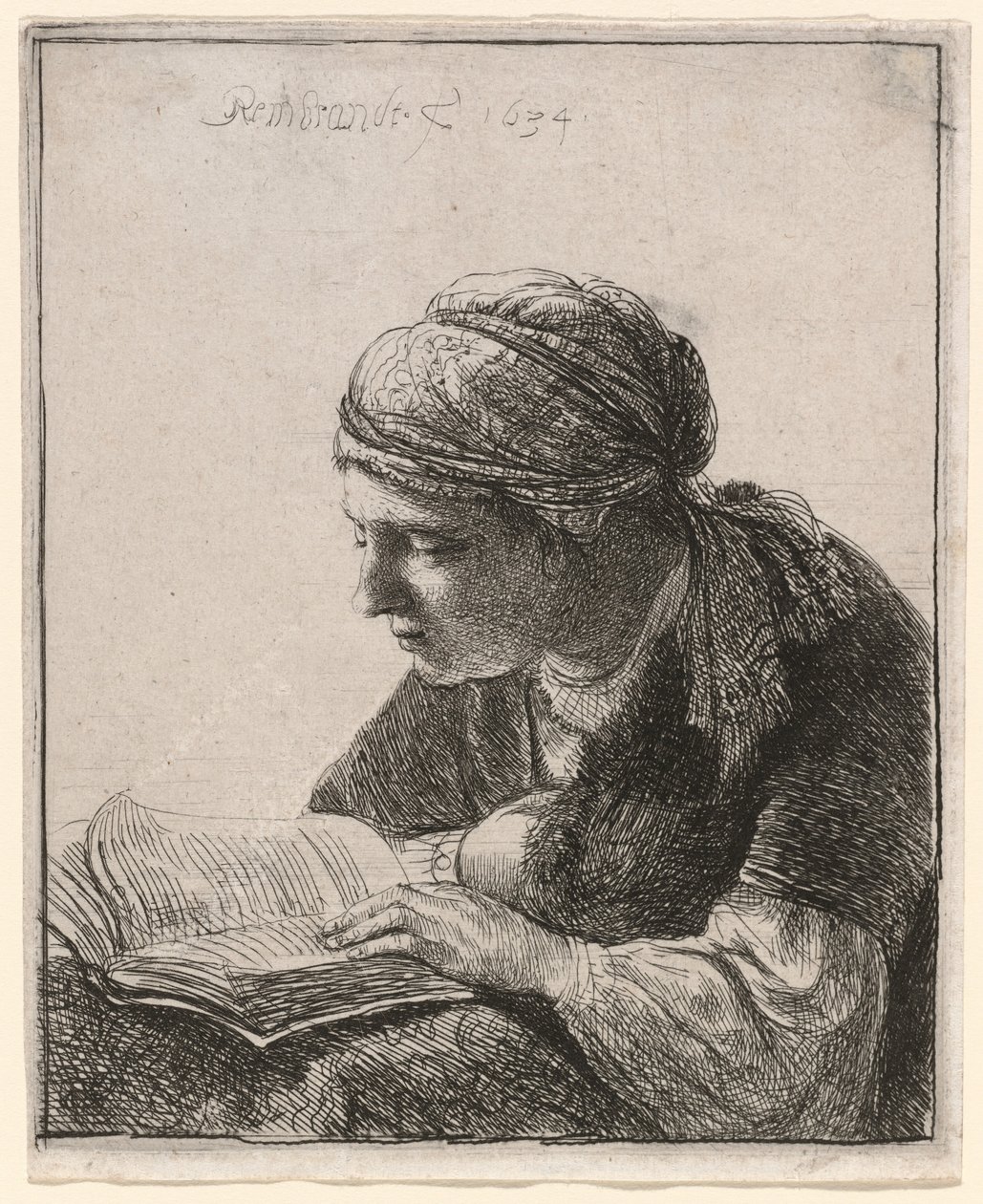 Nainen lukee tekijältä Rembrandt van Rijn