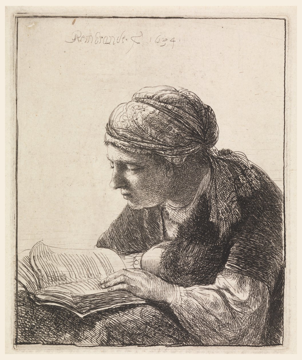 Nainen lukee tekijältä Rembrandt van Rijn