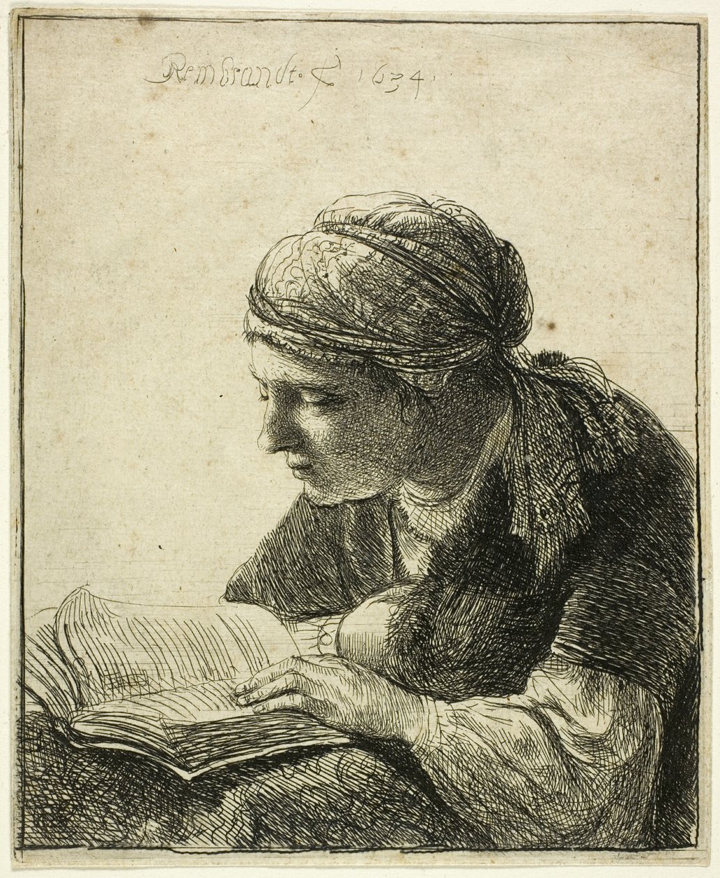 Nainen lukee tekijältä Rembrandt van Rijn