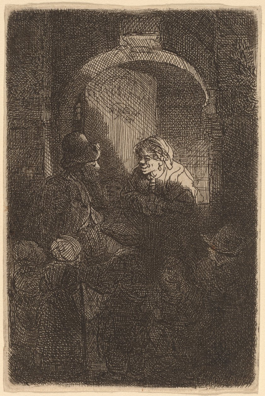 Nainen oviluukussa puhumassa miehelle ja lapsille (koulumestari) tekijältä Rembrandt van Rijn