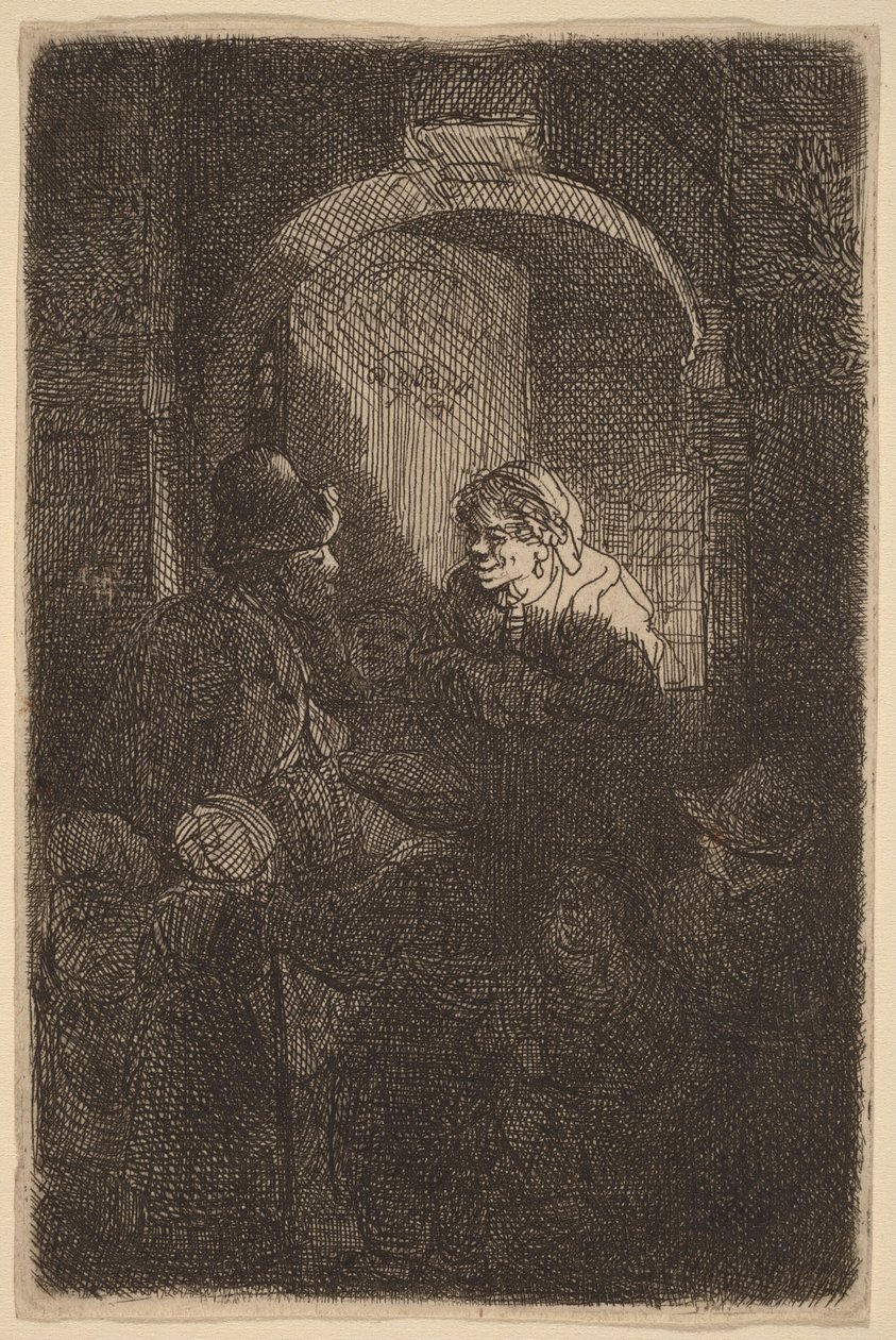 Nainen oviaukossa keskustelemassa miehen ja lasten kanssa (Koulumestari) tekijältä Rembrandt van Rijn