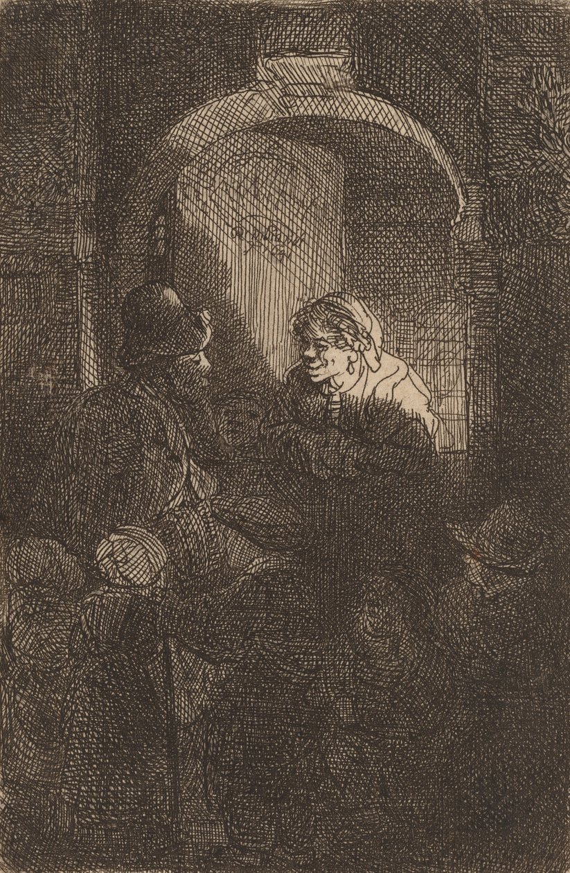 Nainen oviluukussa puhumassa miehelle ja lapsille Koulumestari, 1641. tekijältä Rembrandt van Rijn