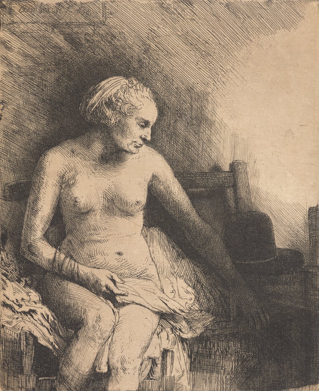 Nainen kylpyammeessa, jonka vieressä on hattu tekijältä Rembrandt van Rijn