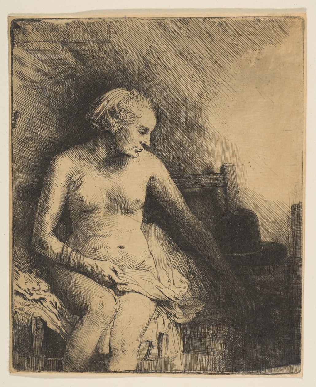 Nainen kylpylässä hattu vieressä, 1658. tekijältä Rembrandt van Rijn