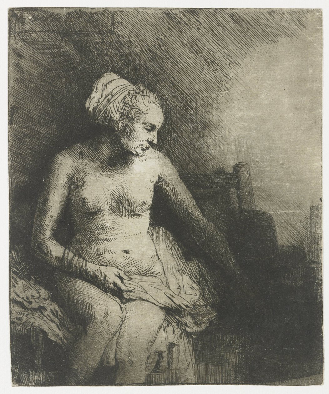 Nainen kylpylässä, hattu vieressään Nainen kylvyssä hattu vieressään tekijältä Rembrandt van Rijn