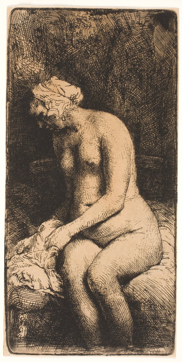 Nainen kylpemässä jalkojaan purossa tekijältä Rembrandt van Rijn