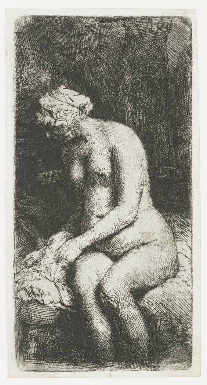 Nainen kylpemässä jalkojaan purossa tekijältä Rembrandt van Rijn