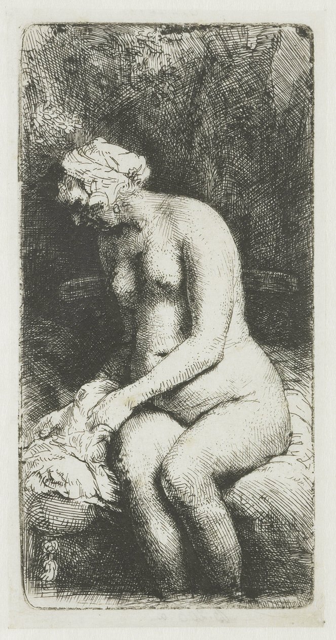 Nainen kylpemässä jalkojaan purossa tekijältä Rembrandt van Rijn