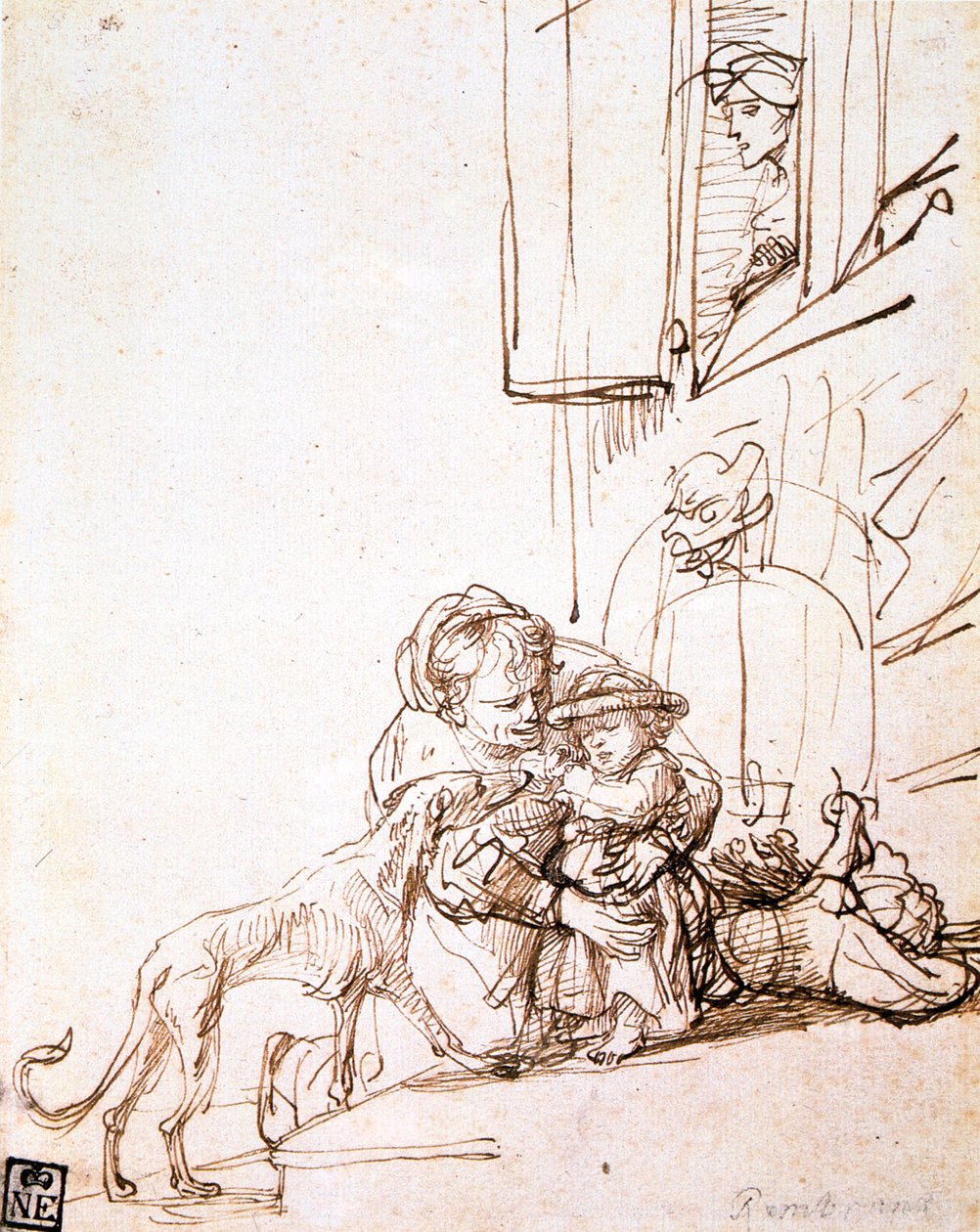 Nainen lapsen kanssa, joka pelkää koiraa, 1600-luku tekijältä Rembrandt van Rijn