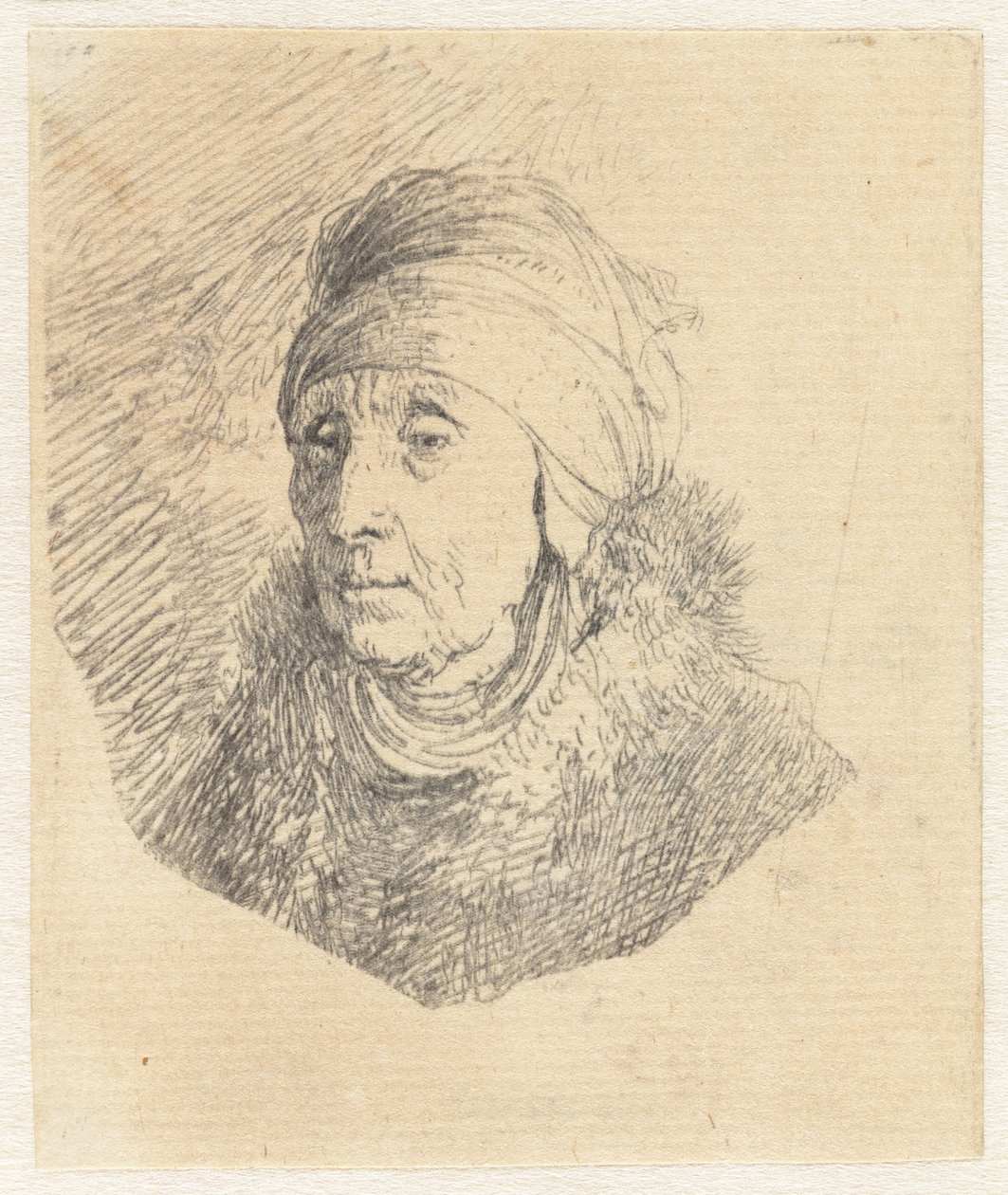 Nainen, jolla on korkea, leuan ympärille kiedottu päähine: rintakuva tekijältä Rembrandt van Rijn