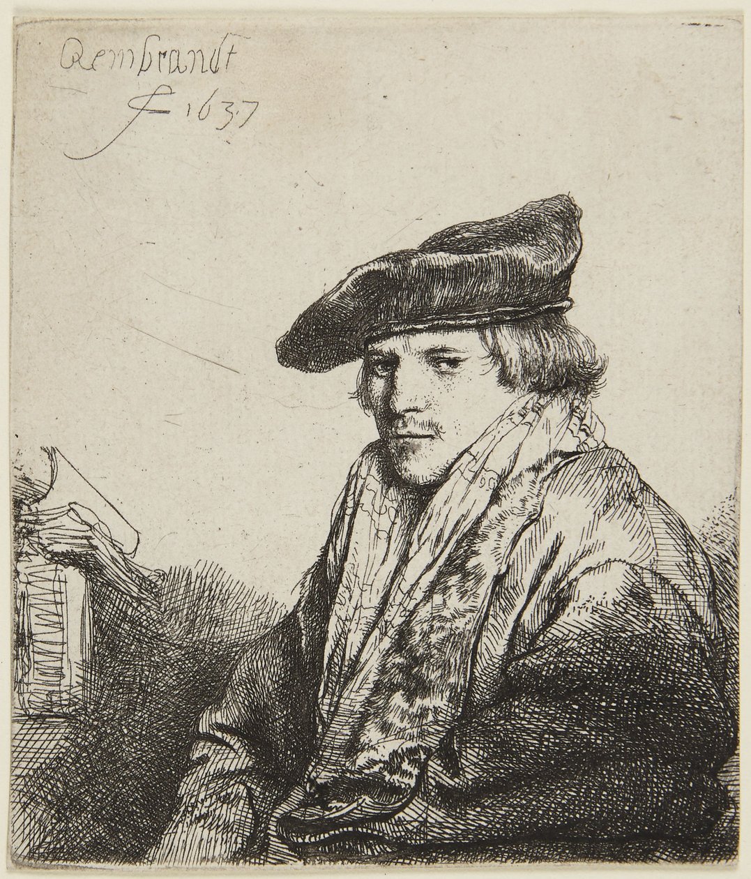 Lakki päässä oleva nuori mies tekijältä Rembrandt van Rijn