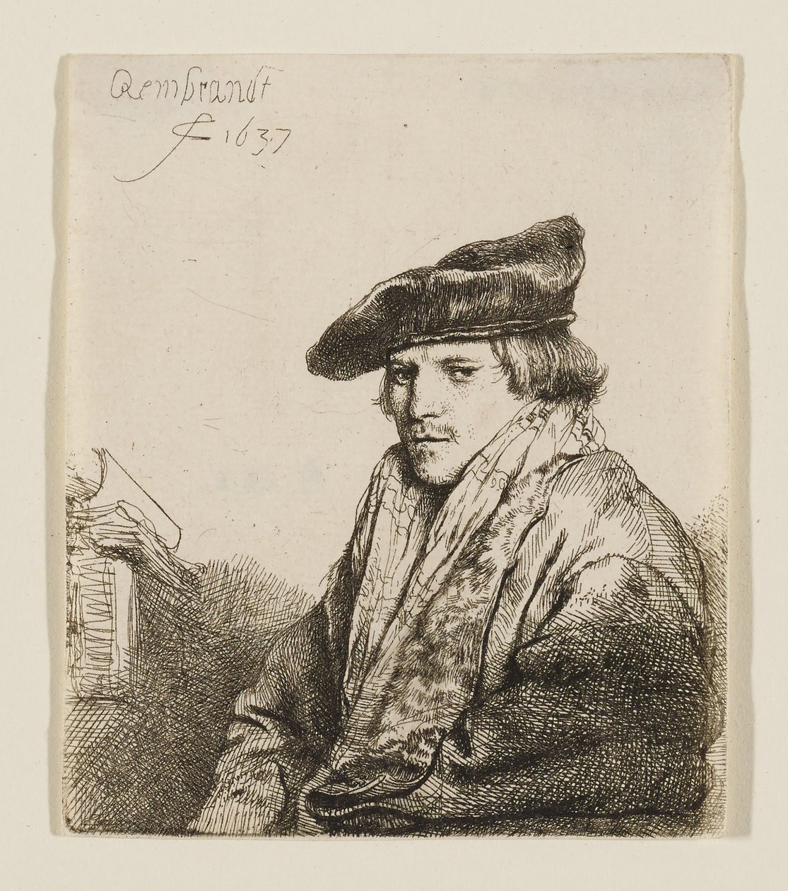 Nuori mies, jolla on samettilakki ja jonka vieressä on kirjoja tekijältä Rembrandt van Rijn