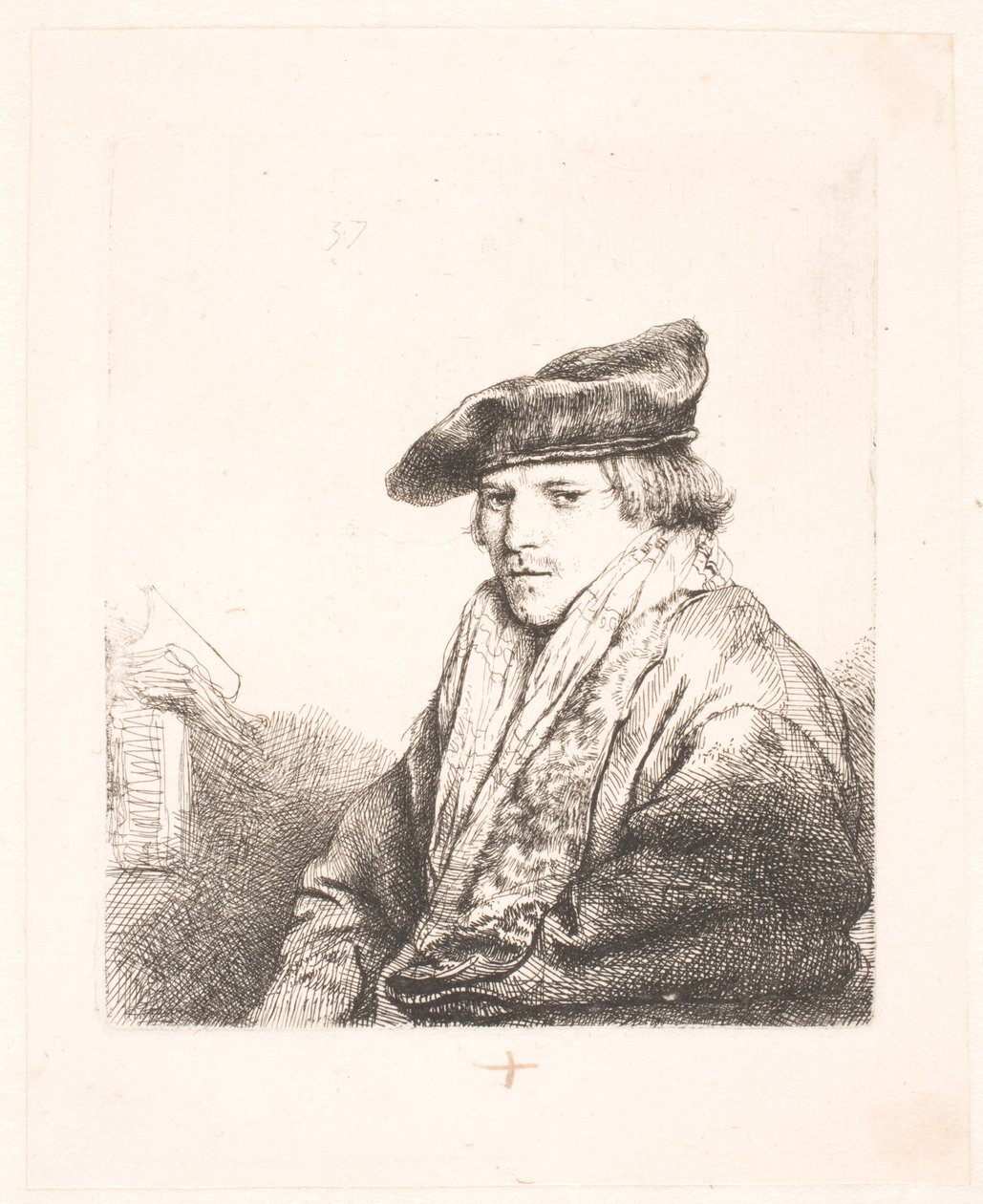 Nuori mies samettilakissa ja kirjoja vieressään tekijältä Rembrandt van Rijn