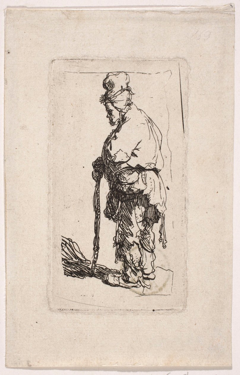 Keppiin nojaava kerjäläinen, katse vasemmalle tekijältä Rembrandt van Rijn