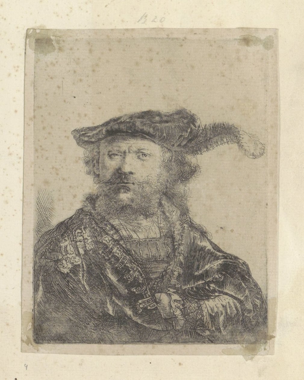Omakuva, jossa samettibaretti Recueil de quatre-vingt-cinq estampes originales (sarjan nimi) tekijältä Rembrandt van Rijn
