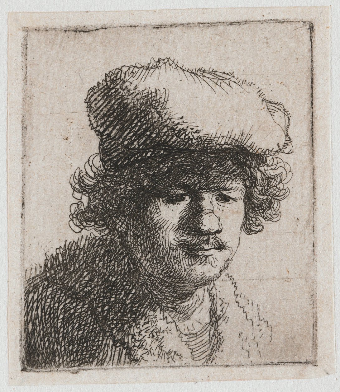 Omakuva, jossa baretti on vedetty eteenpäin tekijältä Rembrandt van Rijn