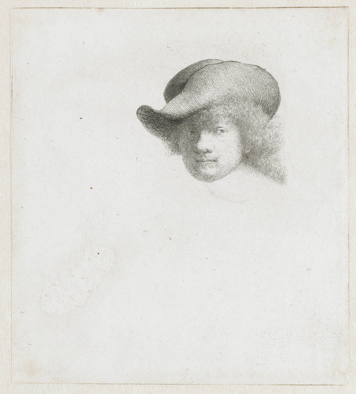 Omakuva, jossa on roikkuva hattu ja koristeltu viitta tekijältä Rembrandt van Rijn
