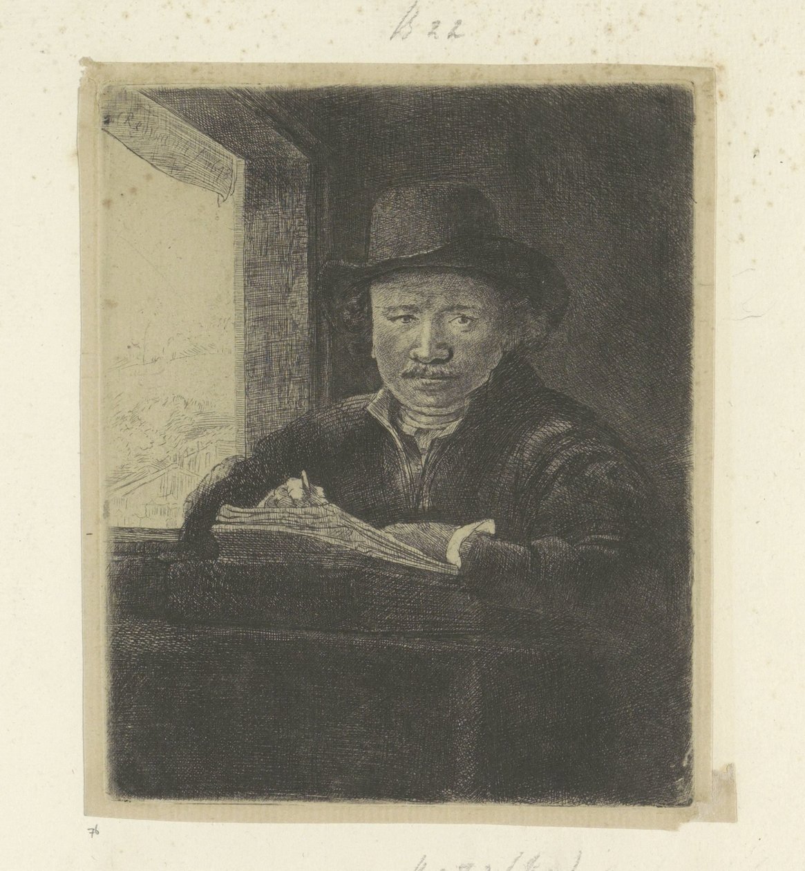 Omakuva, piirustus ikkunaan Recueil de quatre-vingt-cinq estampes originales (sarjan nimi) tekijältä Rembrandt van Rijn