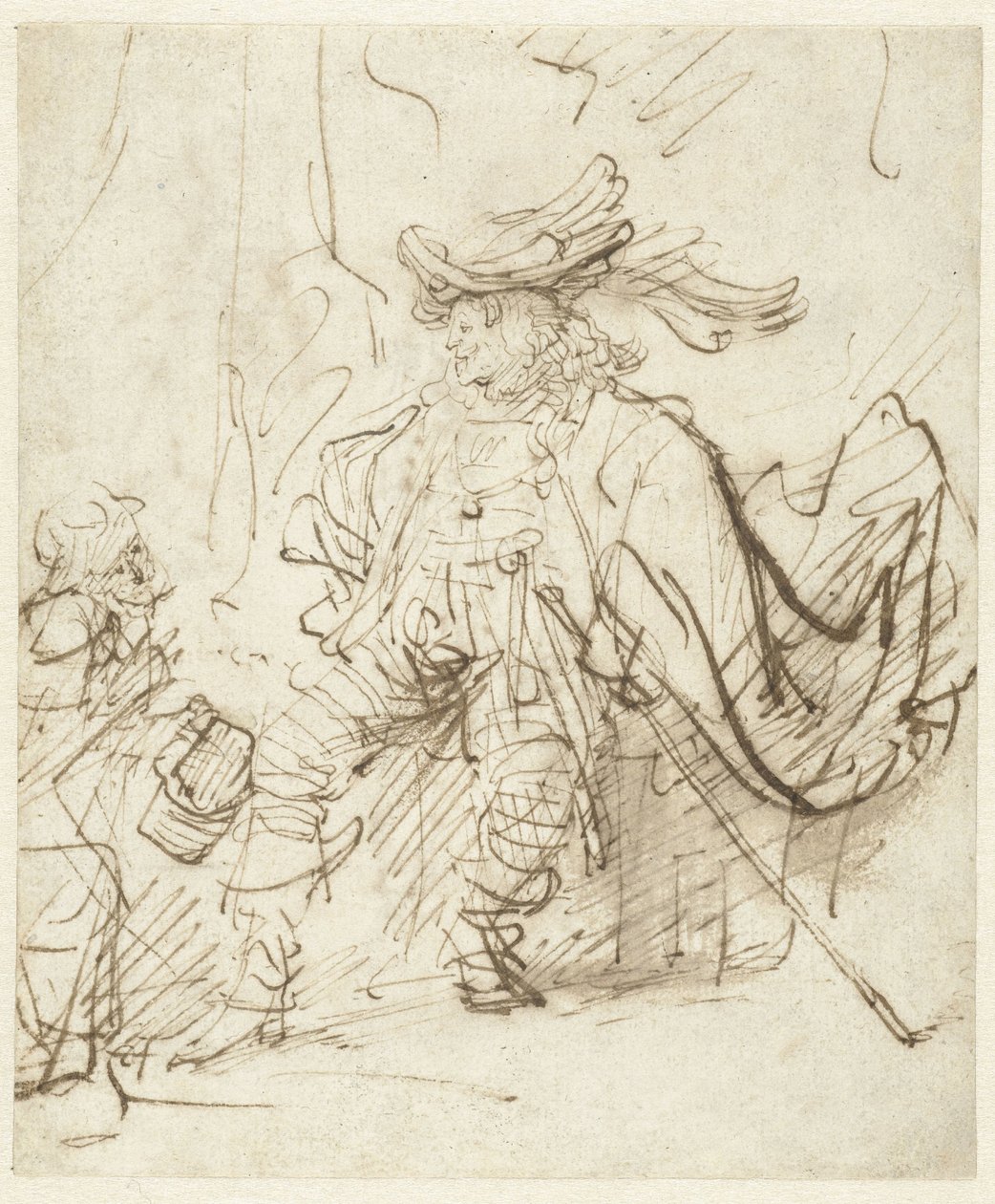 Istuva näyttelijä Capitano-roolissa tekijältä Rembrandt van Rijn