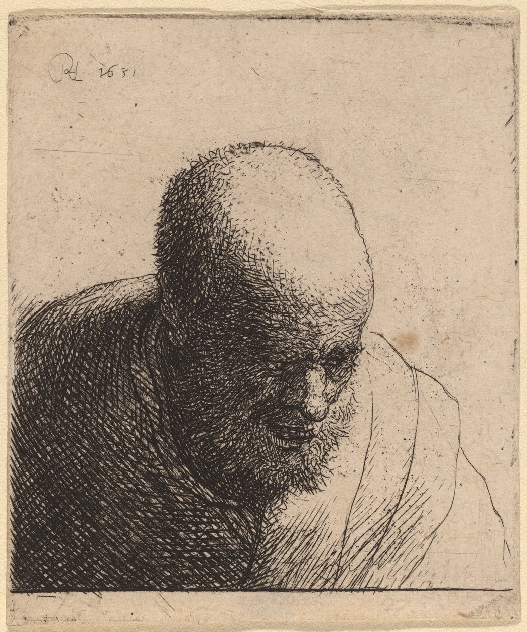 Kalju mies suu auki, katsoen alas tekijältä Rembrandt van Rijn and Studio of Rembrandt