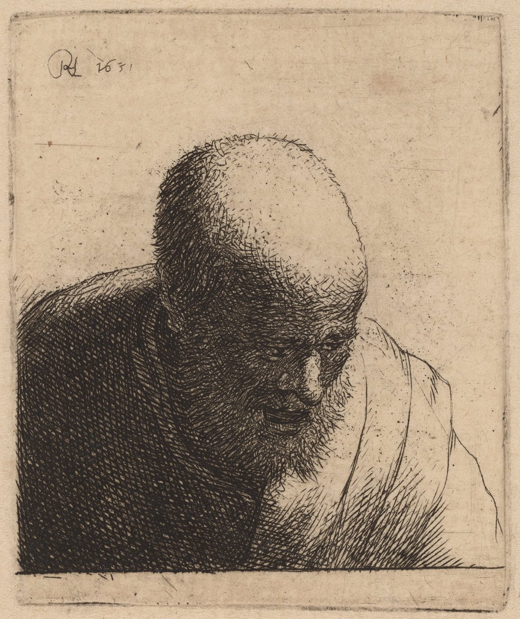 Kalju mies suu auki, katsoen alas tekijältä Rembrandt van Rijn and Studio of Rembrandt