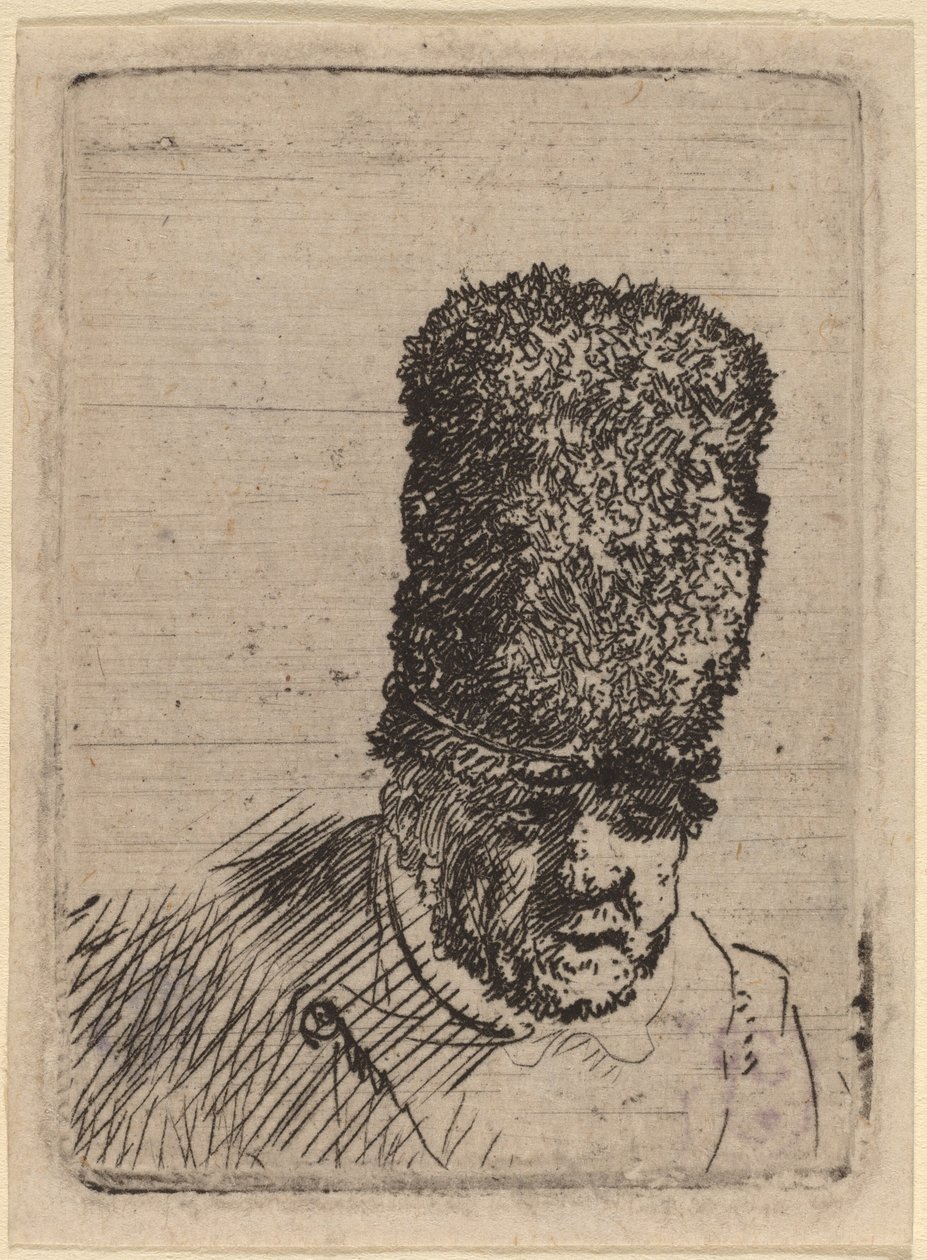 Vanhan miehen pää korkeassa turkislakissa tekijältä Rembrandt van Rijn and Studio of Rembrandt