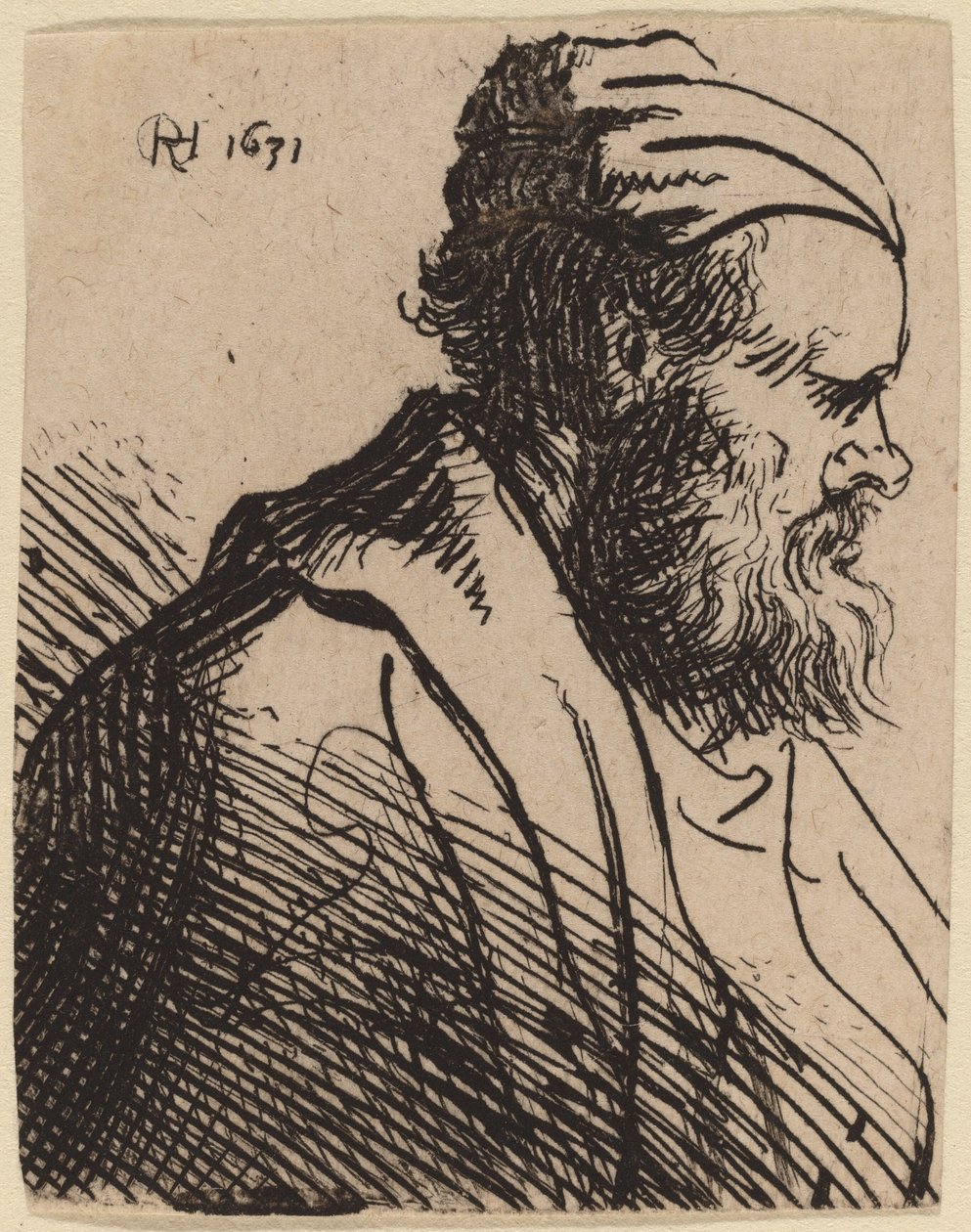 Nenäkärkinen mies lippaassa tekijältä Rembrandt van Rijn and Studio of Rembrandt