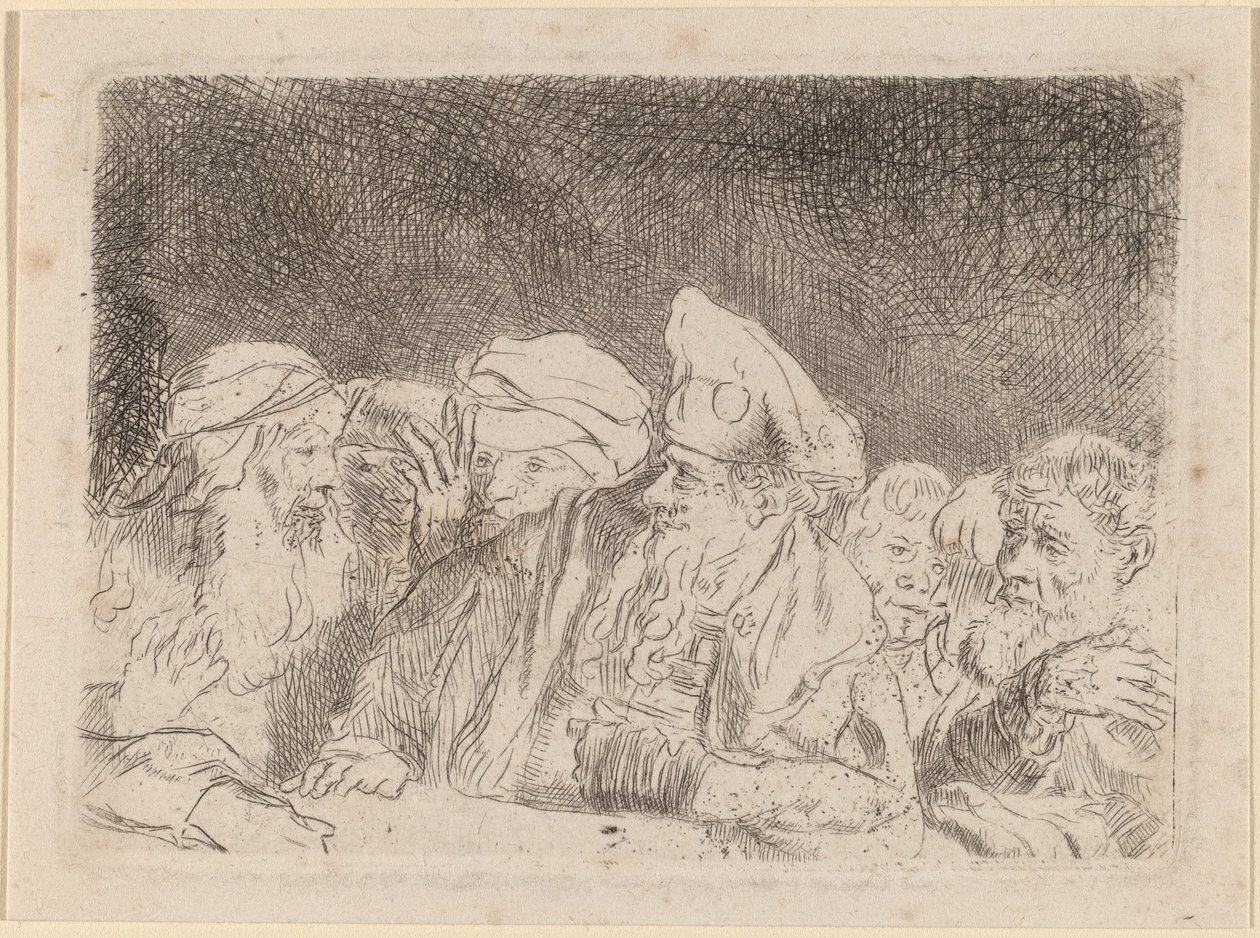 Fariseukset väittelevät (katkelma sadan guldenin kirjasta) tekijältä Rembrandt van Rijn and William Baillie