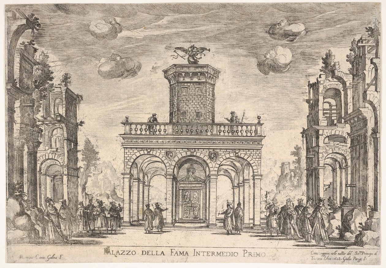 Ensimmäinen välipala: kuuluisuuden palatsi Keskiluokka kuudes: kuuluisuuden palatsi, sarjasta S ..., 1608. tekijältä Remigio Cantagallina