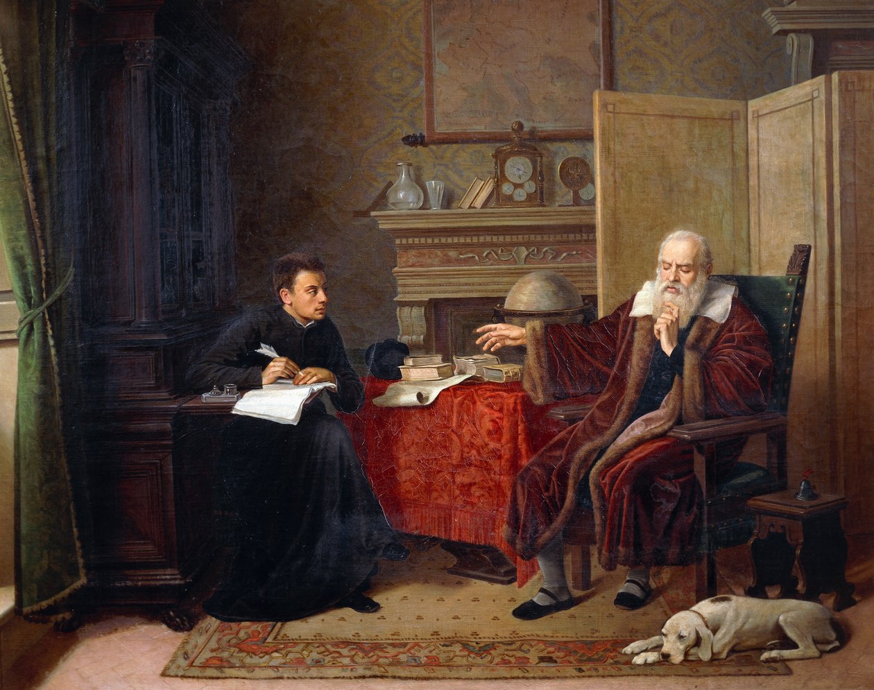 Galileo Galilei (1564-1642) sanelemassa havaintojaan sihteerilleen Arcetrissa (maalaus) tekijältä Remigio Cantagallina