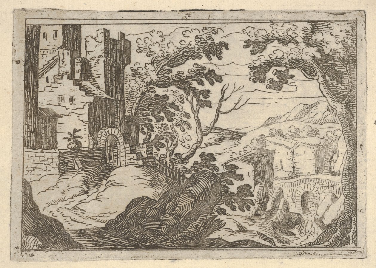 Maisema, jossa rakennuksia vasemmalla ja silta oikealla alla, n. 1620-50. tekijältä Remigio Cantagallina