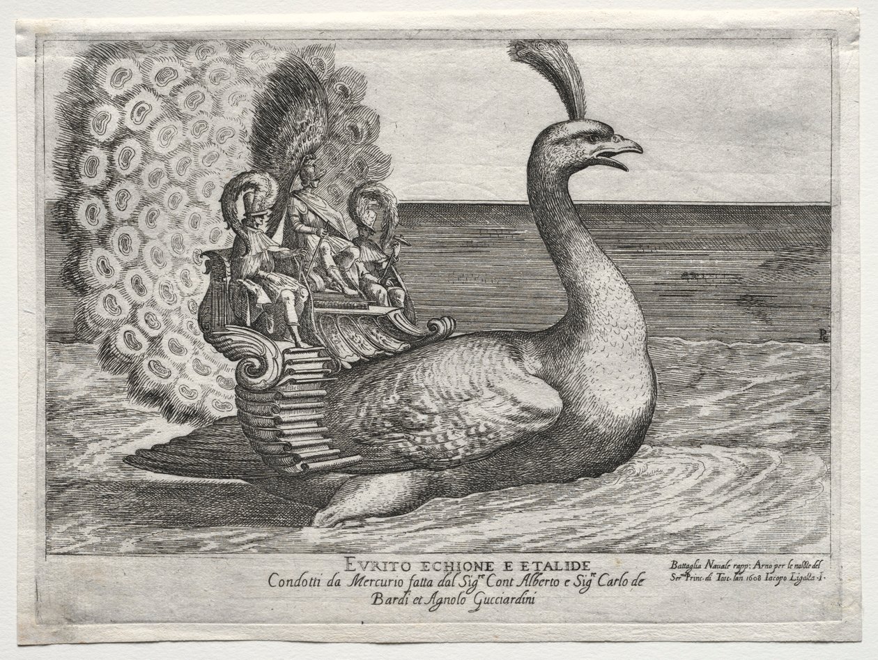 Merivoimien taistelu edustettuna Arno-joella Firenzessä, Cosimo di Medicin avioliittoa varten, 1608. tekijältä Remigio Cantagallina