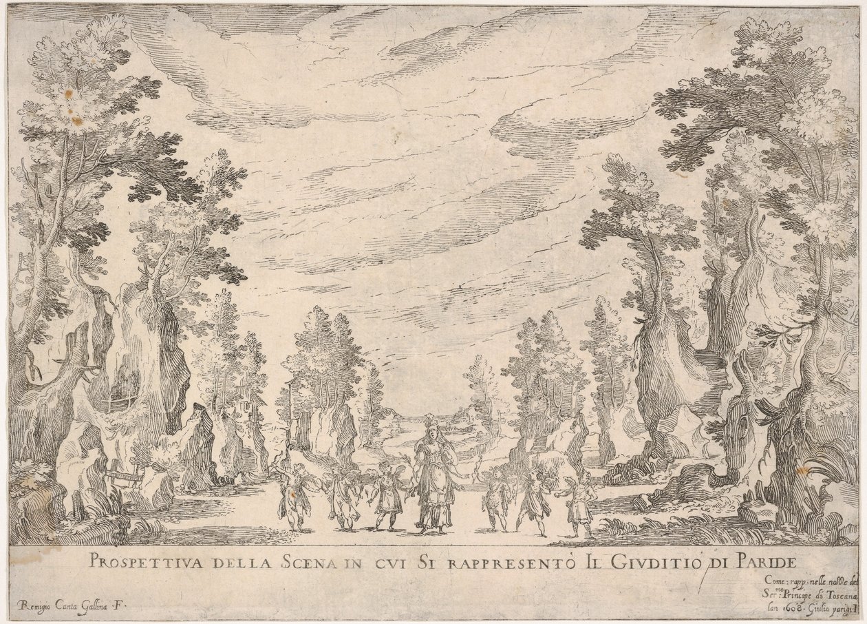 Näkymä kohtauksesta, jossa esitetään Pariisin tuomio Prospettiva della scena i..., 1608. tekijältä Remigio Cantagallina