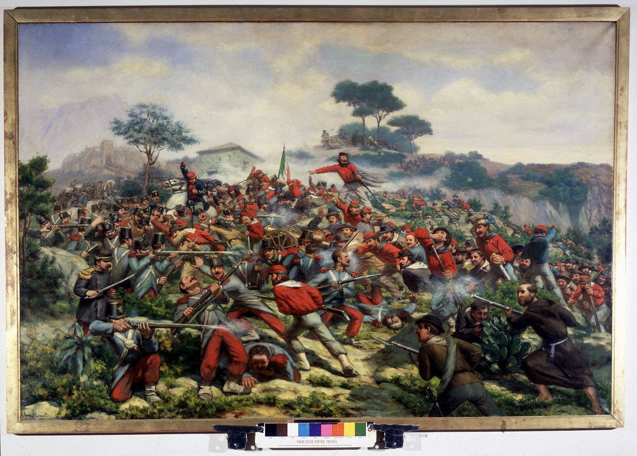 Risorgimento: Calatafimin taistelu Sisiliassa Giuseppe Garibaldin (1807-1882) joukkoja vastaan, Tuhannen on kahden Sisilian kuningaskunnan armeija, Remigio Legatin maalaus 15.5.1860. Museo del Risorgimento. Milano tekijältä Remigio Legat
