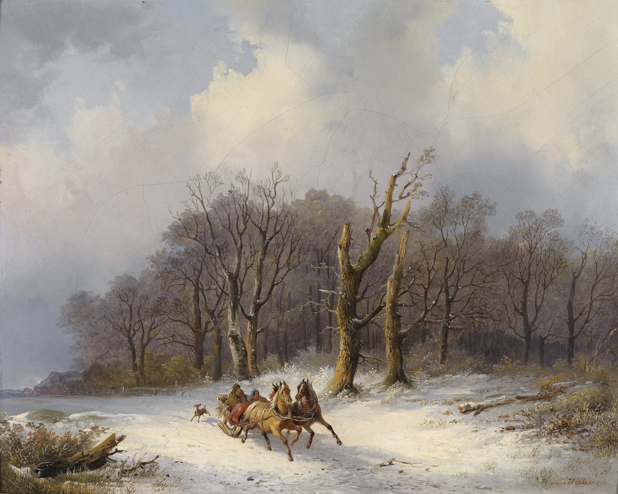 Winterlandschaft mit Pferdeschlitten im Vordergrund tekijältä Remigius Adrianus Haanen