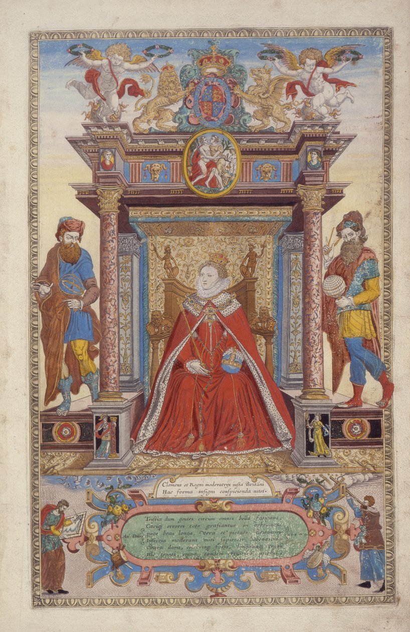Etukappale, Englannin ja Walesin atlas, kirjoittanut Christopher Saxton (s.1542) 1590 (käsinvärinen kaiverrus) tekijältä Remigius Hogenbergh